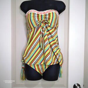 Lucky Brand Boho Yellow Striped Strapless Tankini Top & Bottom Beaded Ties NWT